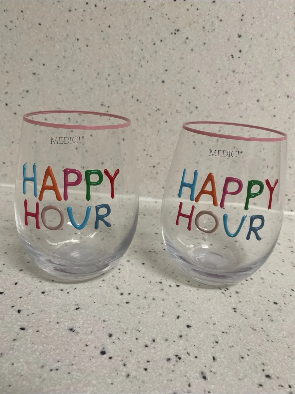NWT.  Medici, “Happy Hour” Multicolor Stemless Wine Glass (Set of 2)